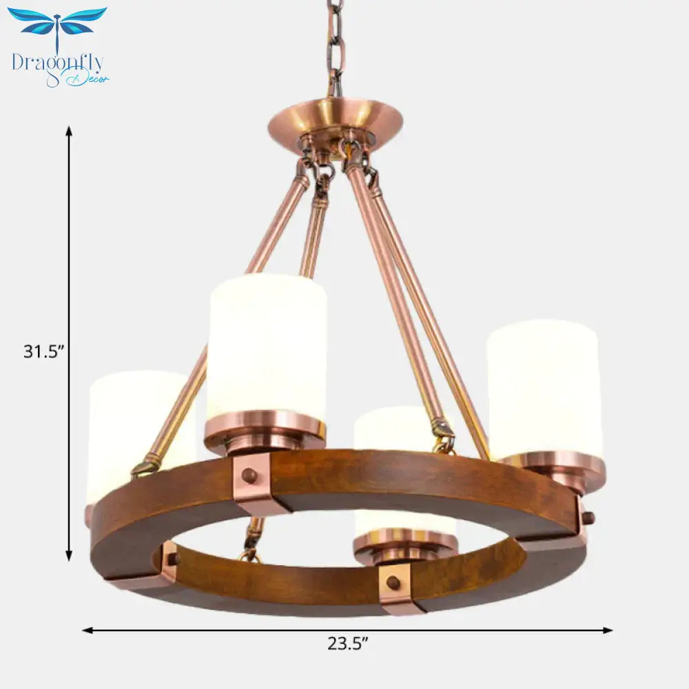 Cylinder Bedroom Chandelier Light Fixture Rustic White Glass 4/6 Lights Copper Ceiling
