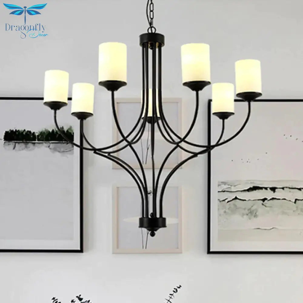 Cylinder Bedroom Pendant Chandelier Traditional Opal Glass 7 Lights Black Hanging Fixture