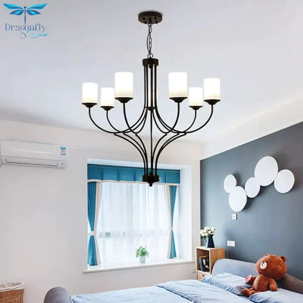 Cylinder Bedroom Pendant Chandelier Traditional Opal Glass 7 Lights Black Hanging Fixture
