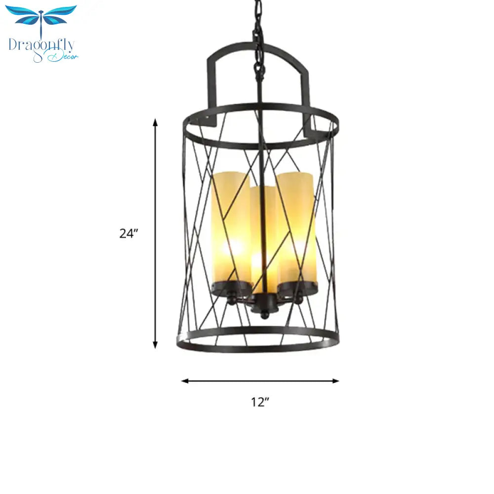 Cylinder Beige Glass Hanging 3 Light Chandelier In Black