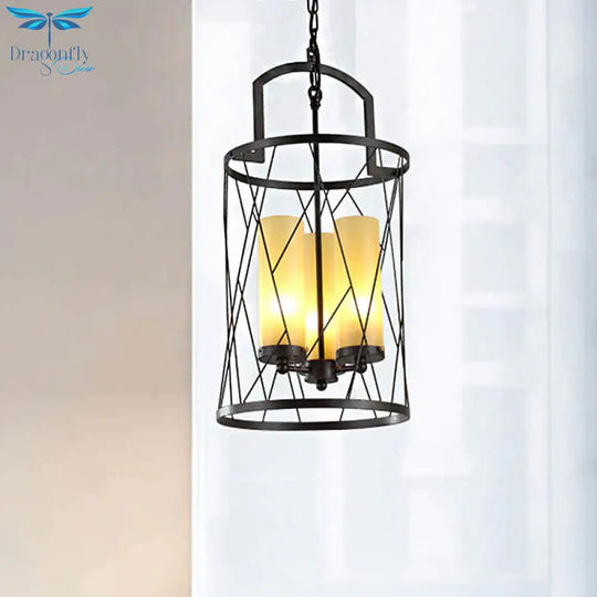 Cylinder Beige Glass Hanging 3 Light Chandelier In Black
