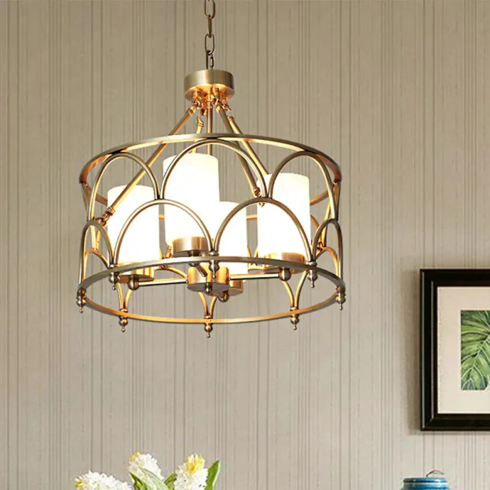 Cylinder Chandelier Modern Metal 4/8 Bulbs Hanging Ceiling Light In Brass With Frosted Glass Shade