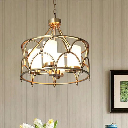 Cylinder Chandelier Modern Metal 4/8 Bulbs Hanging Ceiling Light In Brass With Frosted Glass Shade