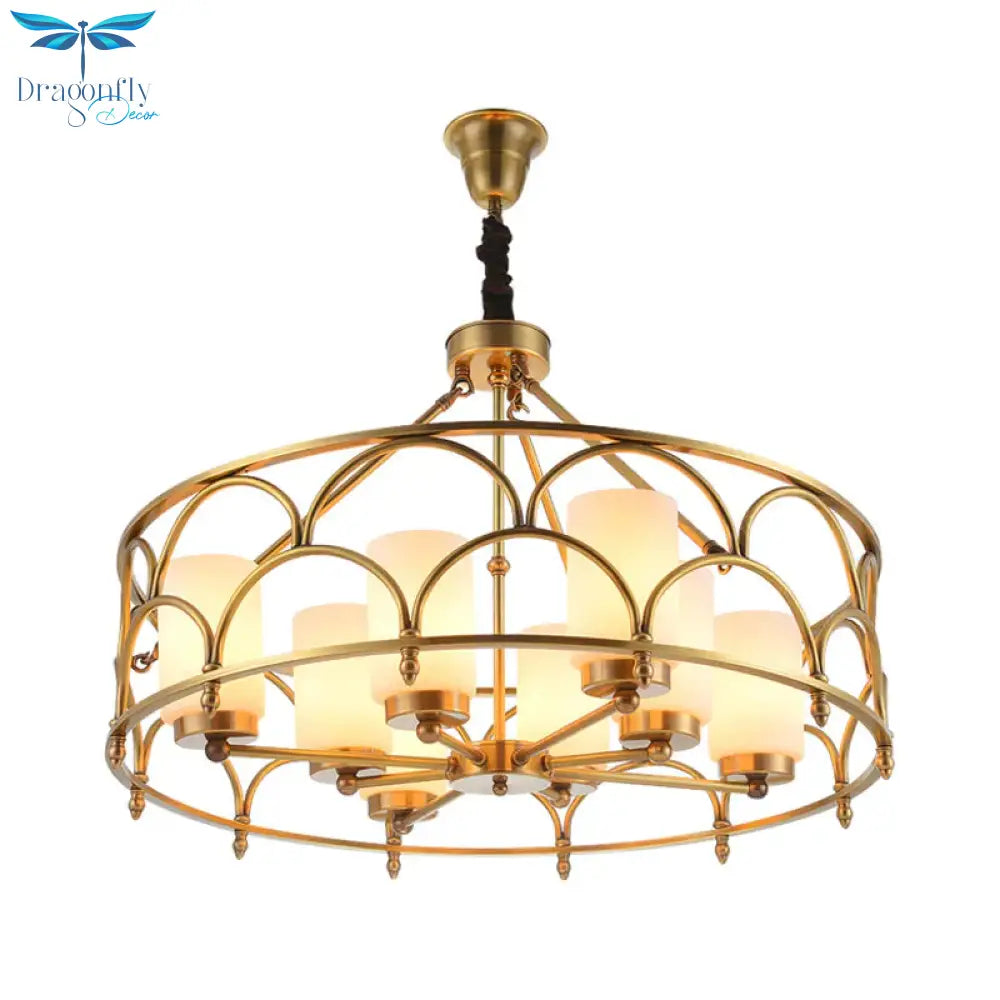 Cylinder Chandelier Modern Metal 4/8 Bulbs Hanging Ceiling Light In Brass With Frosted Glass Shade