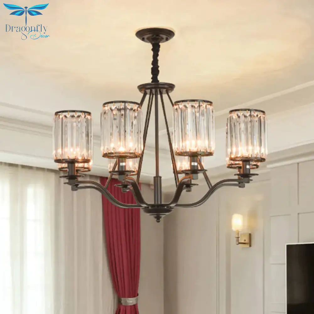 Cylinder Clear Ribbed Glass Chandelier Light Traditional 3/6 Lights Living Room Pendant Lighting In