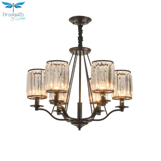Cylinder Clear Ribbed Glass Chandelier Light Traditional 3/6 Lights Living Room Pendant Lighting In