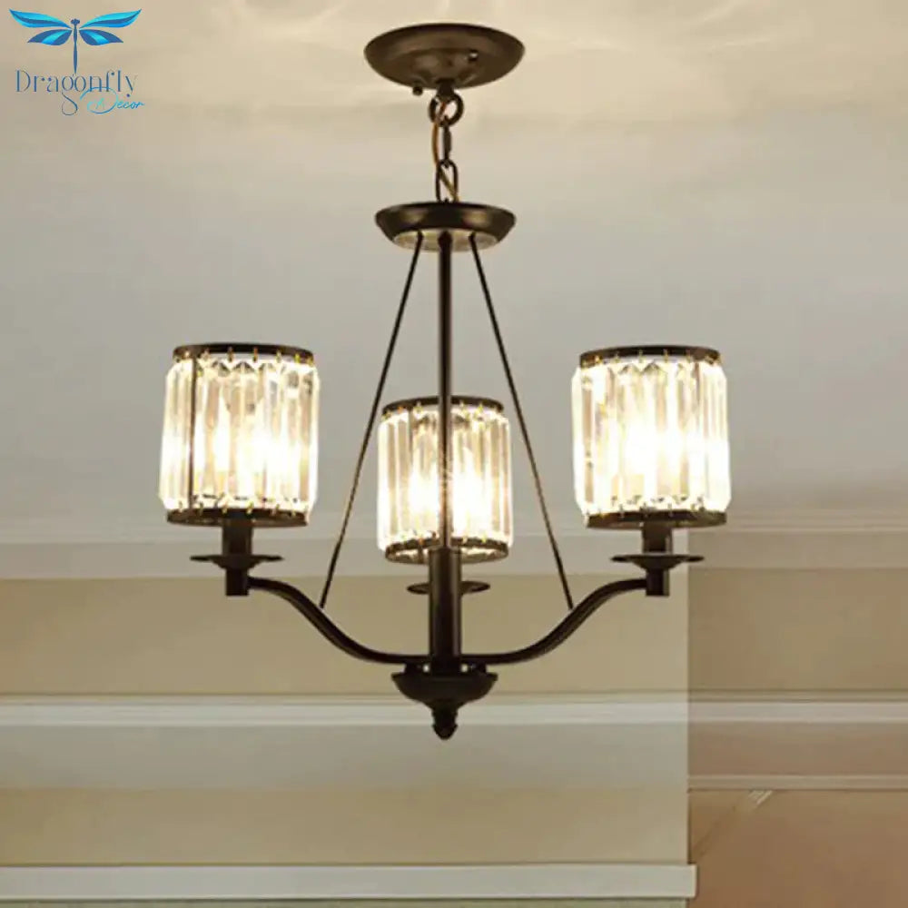 Cylinder Clear Ribbed Glass Chandelier Light Traditional 3/6 Lights Living Room Pendant Lighting In