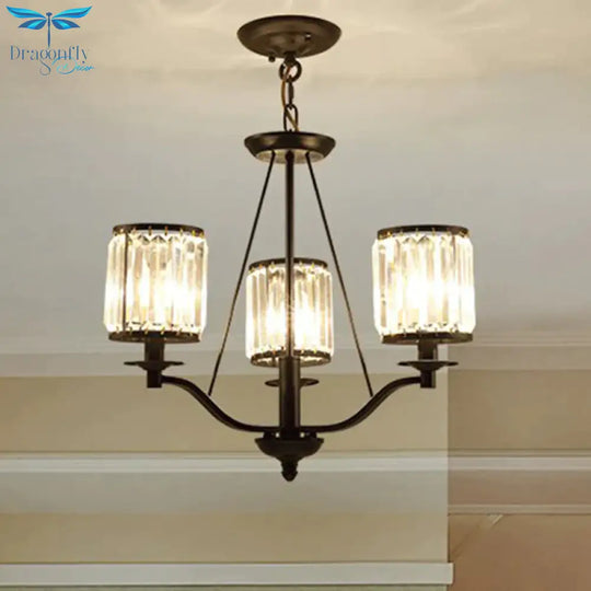 Cylinder Clear Ribbed Glass Chandelier Light Traditional 3/6 Lights Living Room Pendant Lighting In