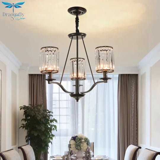 Cylinder Clear Ribbed Glass Chandelier Light Traditional 3/6 Lights Living Room Pendant Lighting In