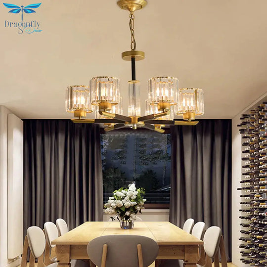 Cylinder Crystal Block Chandelier Light Traditional 3/6/8 Lights Dining Room Hanging In Gold