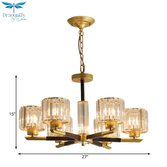 Cylinder Crystal Block Chandelier Light Traditional 3/6/8 Lights Dining Room Hanging In Gold