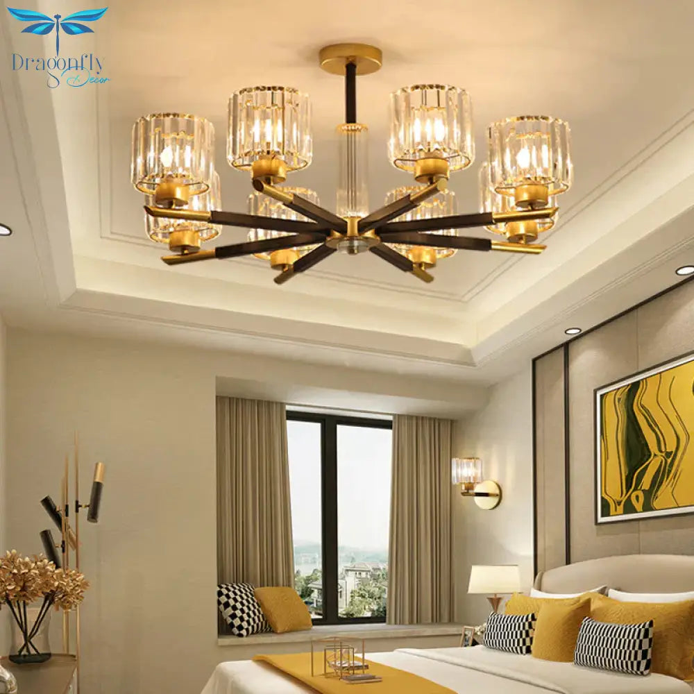 Cylinder Crystal Block Chandelier Light Traditional 3/6/8 Lights Dining Room Hanging In Gold