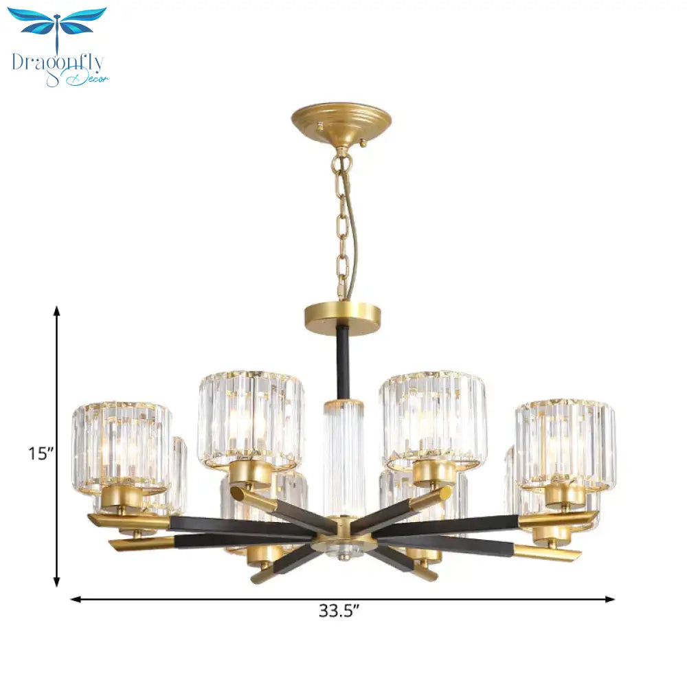 Cylinder Crystal Block Chandelier Light Traditional 3/6/8 Lights Dining Room Hanging In Gold