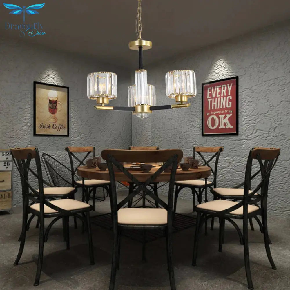 Cylinder Crystal Block Chandelier Light Traditional 3/6/8 Lights Dining Room Hanging In Gold