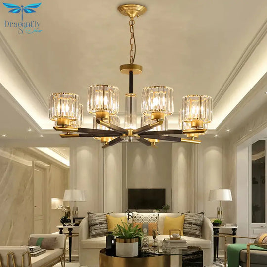 Cylinder Crystal Block Chandelier Light Traditional 3/6/8 Lights Dining Room Hanging In Gold