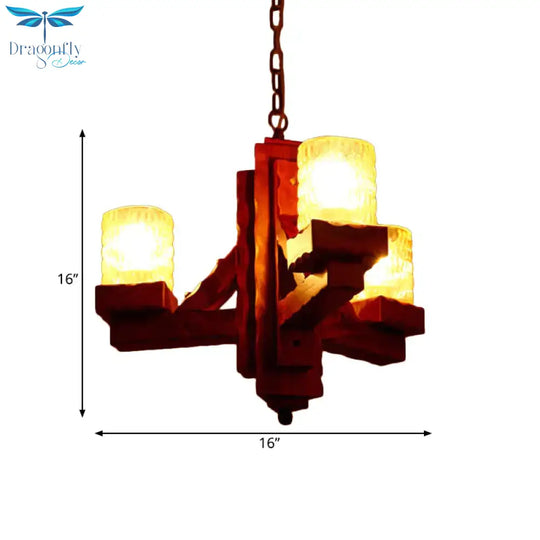 Cylinder Dining Room Pendant Chandelier Rustic Yellow Dimpled Glass 3 Lights Brown Hanging Lighting