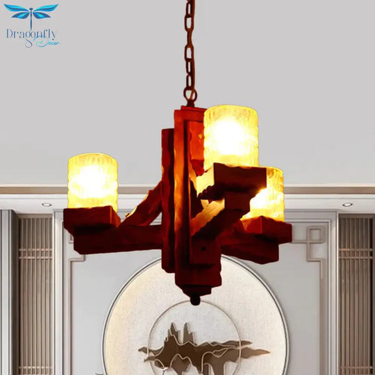 Cylinder Dining Room Pendant Chandelier Rustic Yellow Dimpled Glass 3 Lights Brown Hanging Lighting