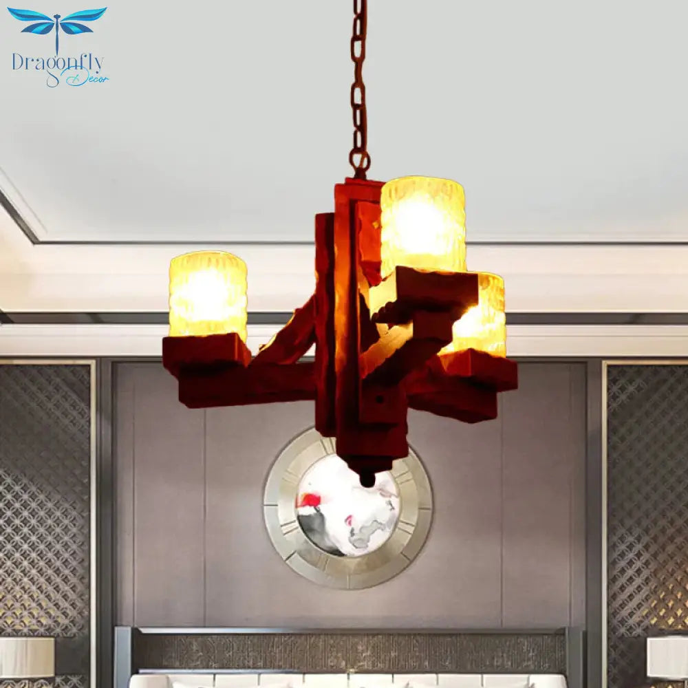 Cylinder Dining Room Pendant Chandelier Rustic Yellow Dimpled Glass 3 Lights Brown Hanging Lighting