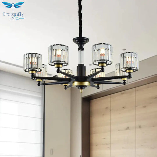 Cylinder Hanging Light Fixture Modern Rectangle - Cut Crystal 6/8 Heads Black Ceiling Chandelier