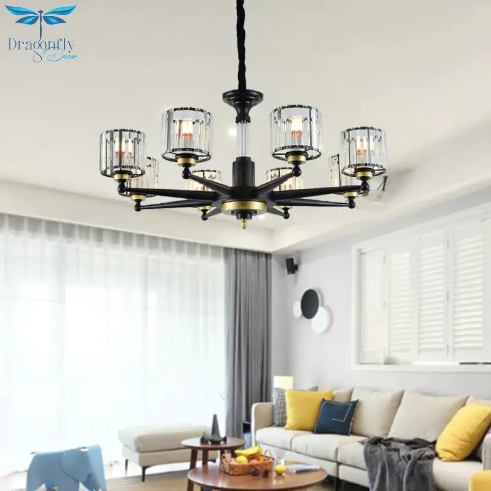 Cylinder Hanging Light Fixture Modern Rectangle - Cut Crystal 6/8 Heads Black Ceiling Chandelier