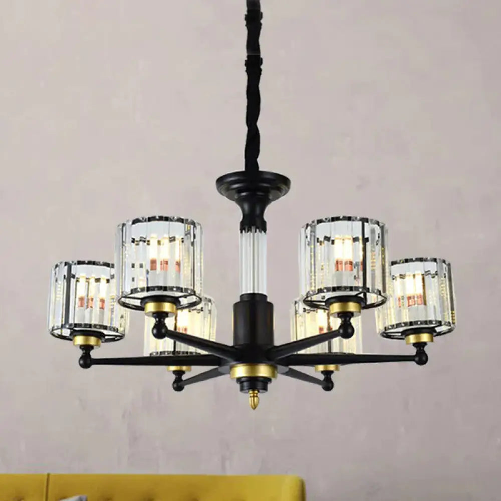 Cylinder Hanging Light Fixture Modern Rectangle - Cut Crystal 6/8 Heads Black Ceiling Chandelier 6 /