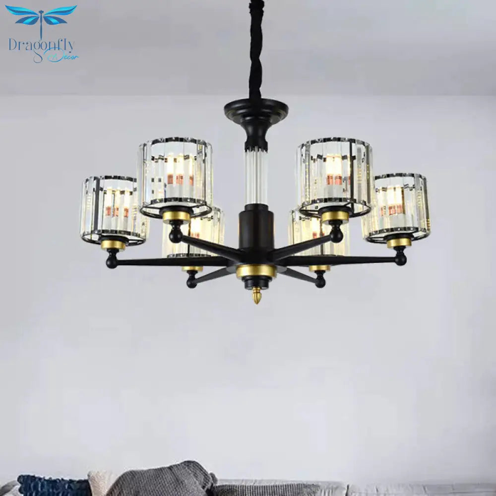 Cylinder Hanging Light Fixture Modern Rectangle - Cut Crystal 6/8 Heads Black Ceiling Chandelier