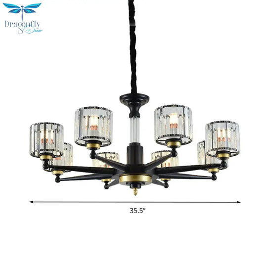 Cylinder Hanging Light Fixture Modern Rectangle - Cut Crystal 6/8 Heads Black Ceiling Chandelier