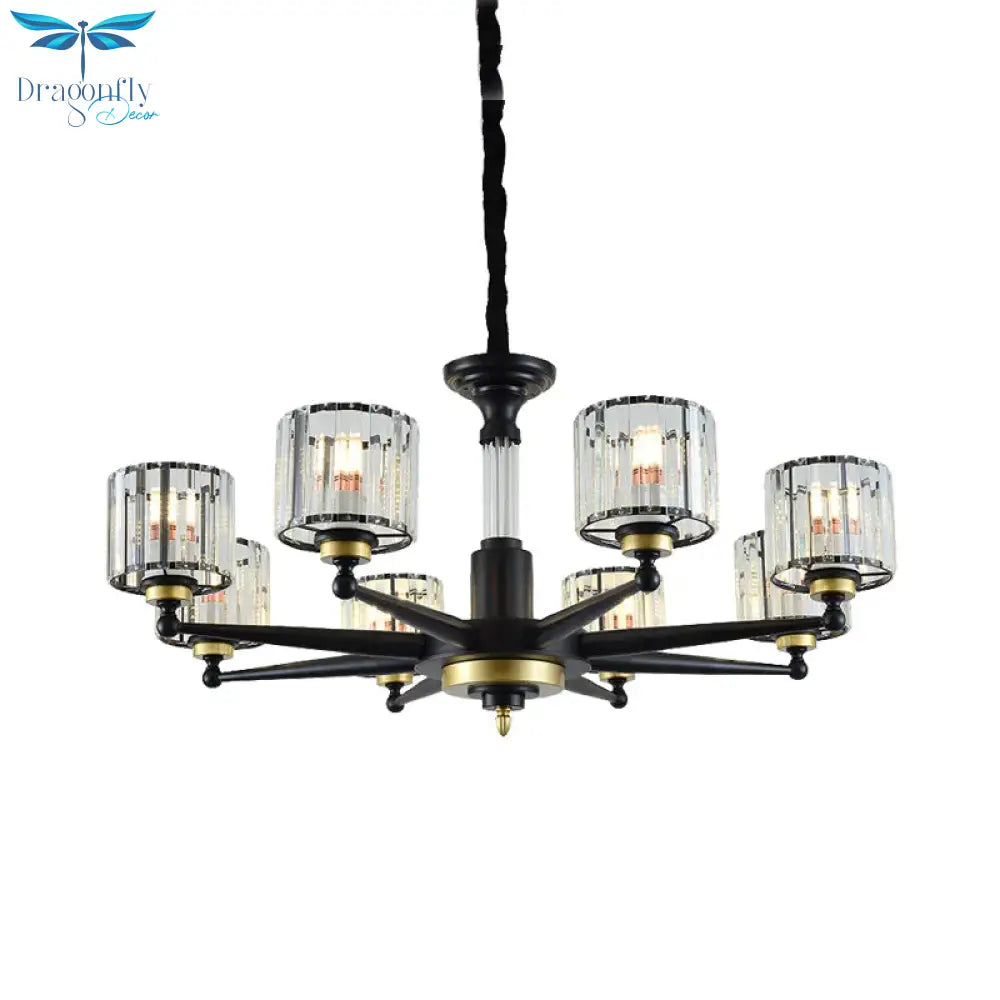 Cylinder Hanging Light Fixture Modern Rectangle - Cut Crystal 6/8 Heads Black Ceiling Chandelier