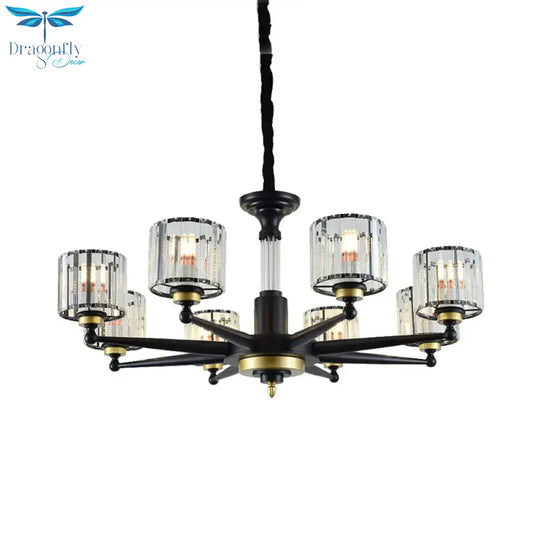 Cylinder Hanging Light Fixture Modern Rectangle - Cut Crystal 6/8 Heads Black Ceiling Chandelier