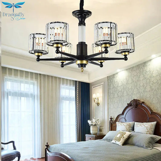 Cylinder Hanging Light Fixture Modern Rectangle - Cut Crystal 6/8 Heads Black Ceiling Chandelier
