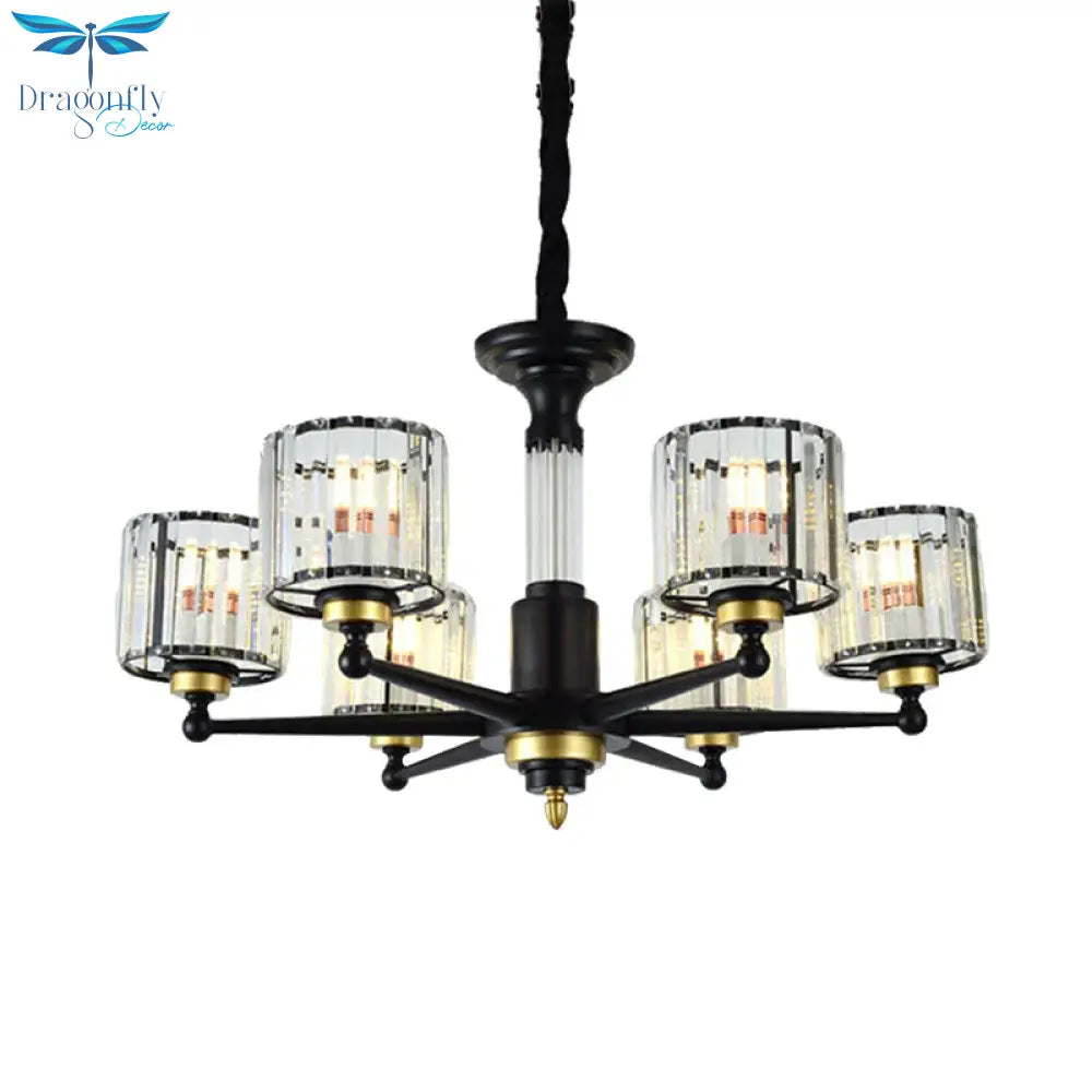 Cylinder Hanging Light Fixture Modern Rectangle - Cut Crystal 6/8 Heads Black Ceiling Chandelier