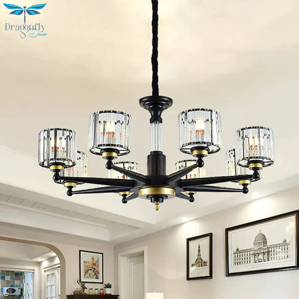 Cylinder Hanging Light Fixture Modern Rectangle - Cut Crystal 6/8 Heads Black Ceiling Chandelier