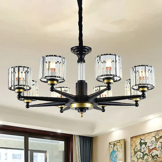 Cylinder Hanging Light Fixture Modern Rectangle - Cut Crystal 6/8 Heads Black Ceiling Chandelier 8 /