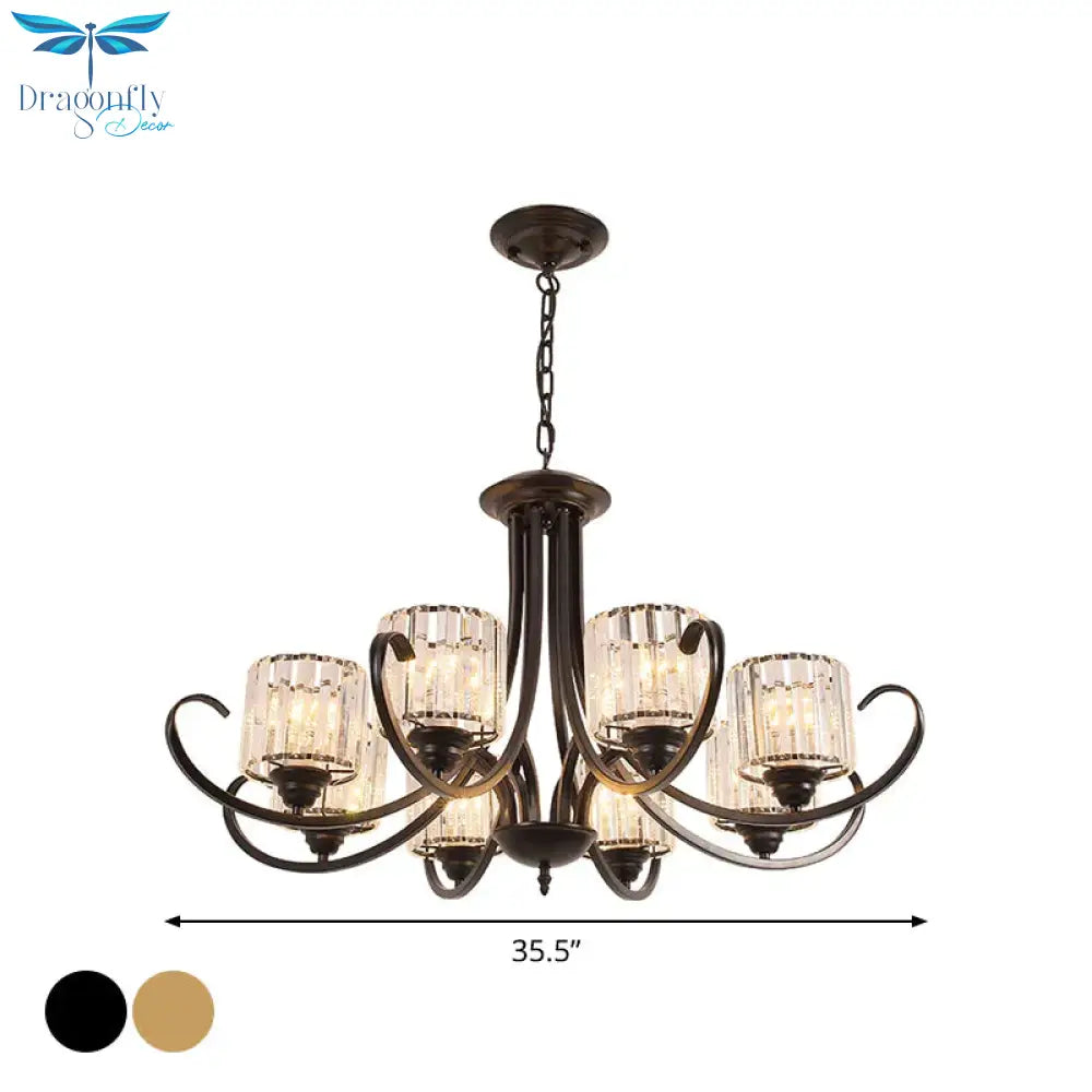 Cylinder Living Room Chandelier Vintage Clear Crystal 6/8 Heads Black/Gold Pendant Lighting With
