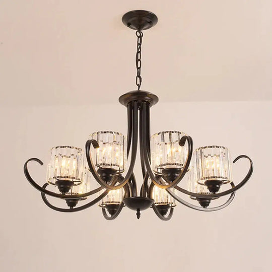 Cylinder Living Room Chandelier Vintage Clear Crystal 6/8 Heads Black/Gold Pendant Lighting With