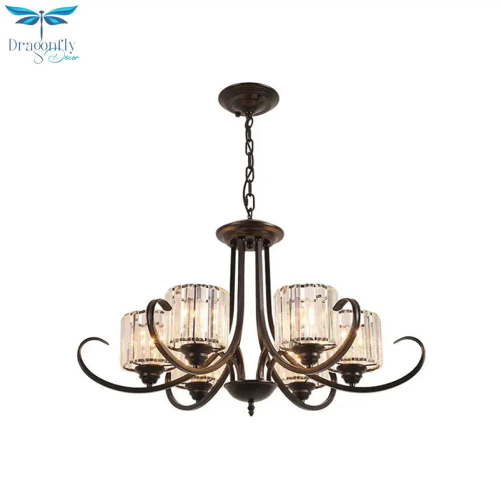 Cylinder Living Room Chandelier Vintage Clear Crystal 6/8 Heads Black/Gold Pendant Lighting With