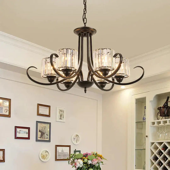 Cylinder Living Room Chandelier Vintage Clear Crystal 6/8 Heads Black/Gold Pendant Lighting With