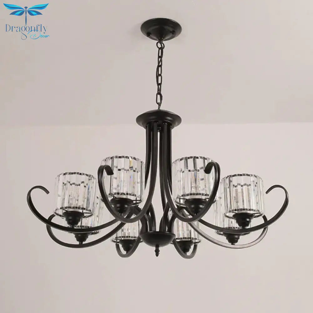 Cylinder Living Room Chandelier Vintage Clear Crystal 6/8 Heads Black/Gold Pendant Lighting With