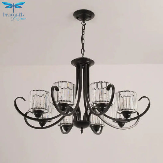 Cylinder Living Room Chandelier Vintage Clear Crystal 6/8 Heads Black/Gold Pendant Lighting With