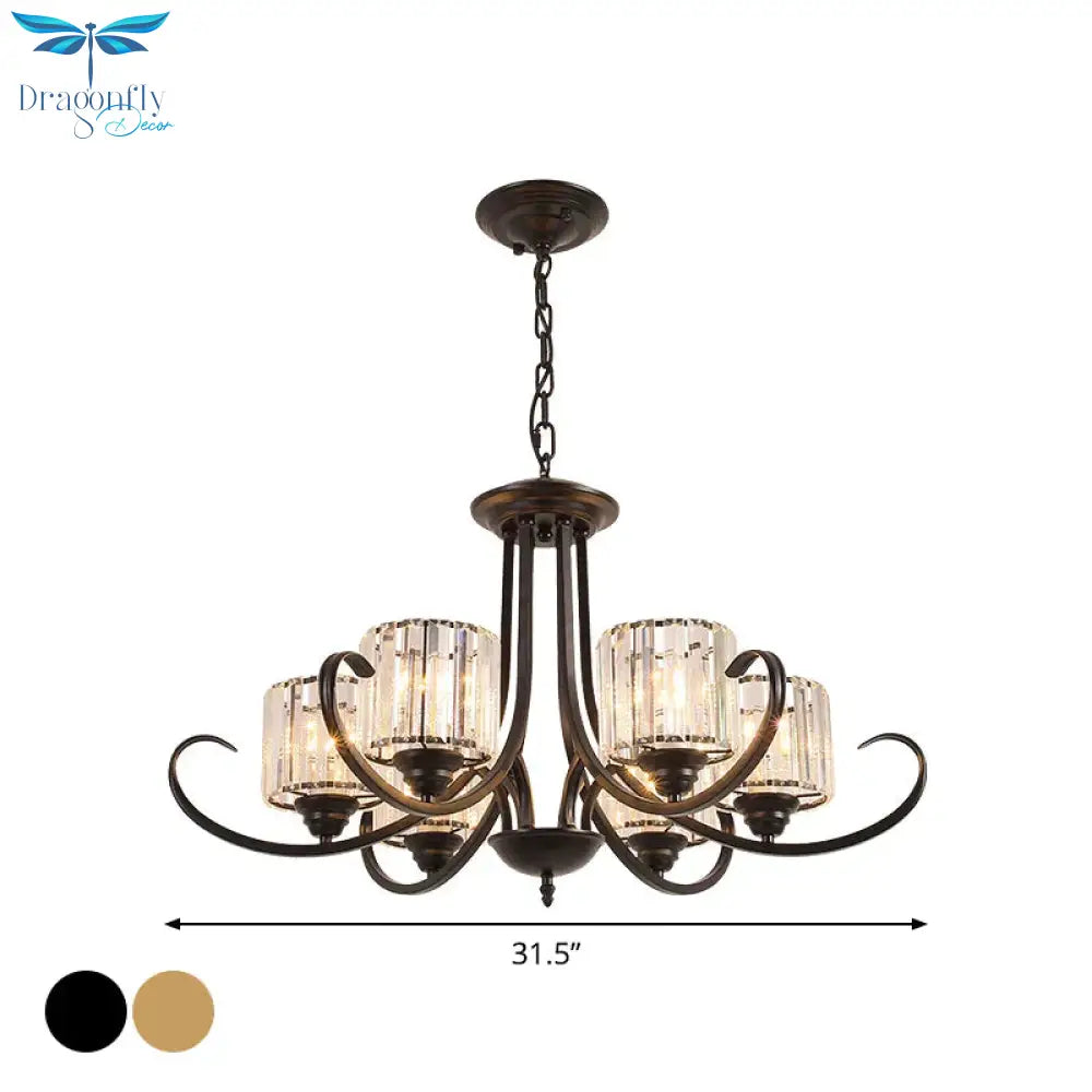 Cylinder Living Room Chandelier Vintage Clear Crystal 6/8 Heads Black/Gold Pendant Lighting With
