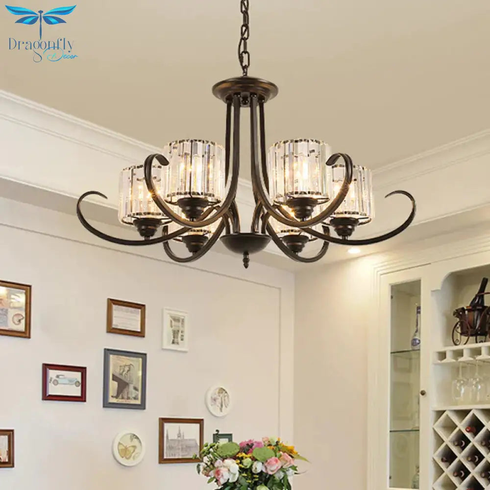 Cylinder Living Room Chandelier Vintage Clear Crystal 6/8 Heads Black/Gold Pendant Lighting With
