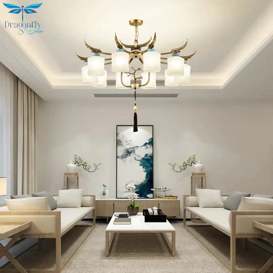 Cylinder Living Room Hanging Chandelier Traditional Style Metal 6/8/10 Lights Brass Ceiling Light