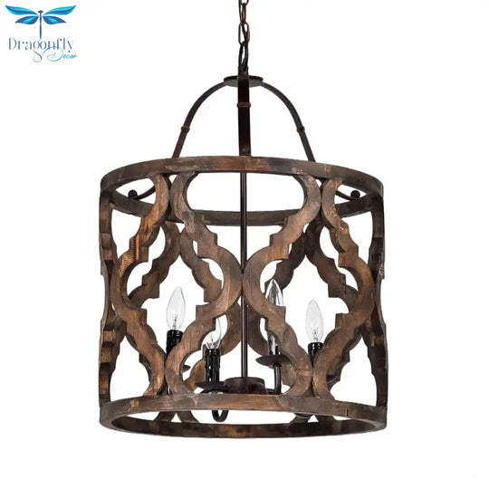 Cylinder Pendant Chandelier Traditional Wood 4 Bulbs White/Tan Hanging Ceiling Light With