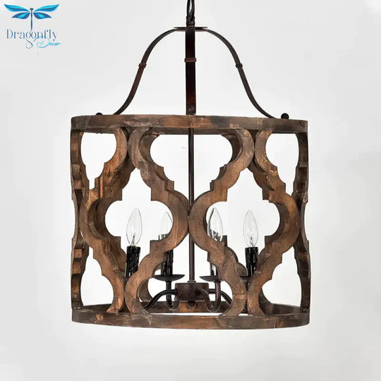 Cylinder Pendant Chandelier Traditional Wood 4 Bulbs White/Tan Hanging Ceiling Light With