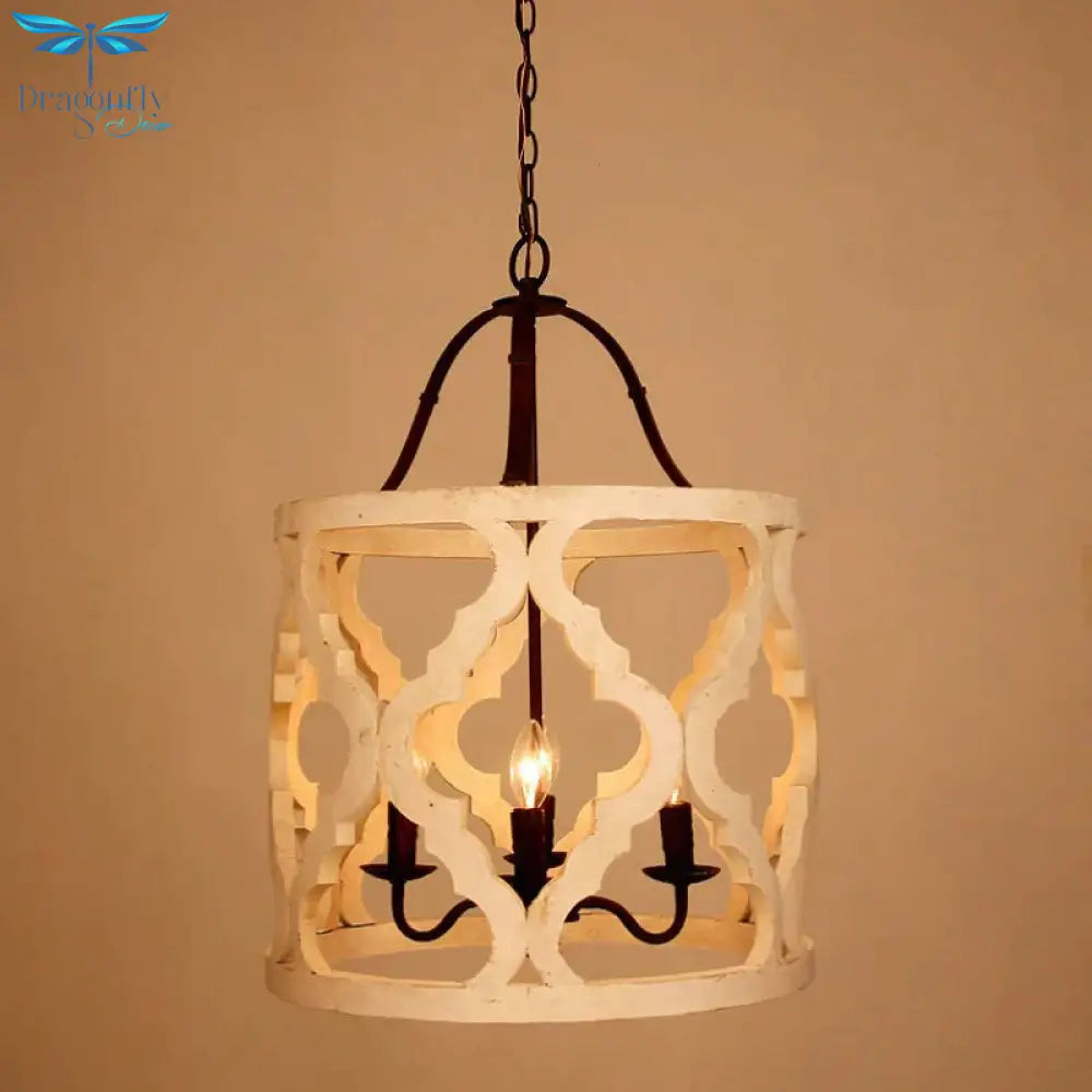Cylinder Pendant Chandelier Traditional Wood 4 Bulbs White/Tan Hanging Ceiling Light With