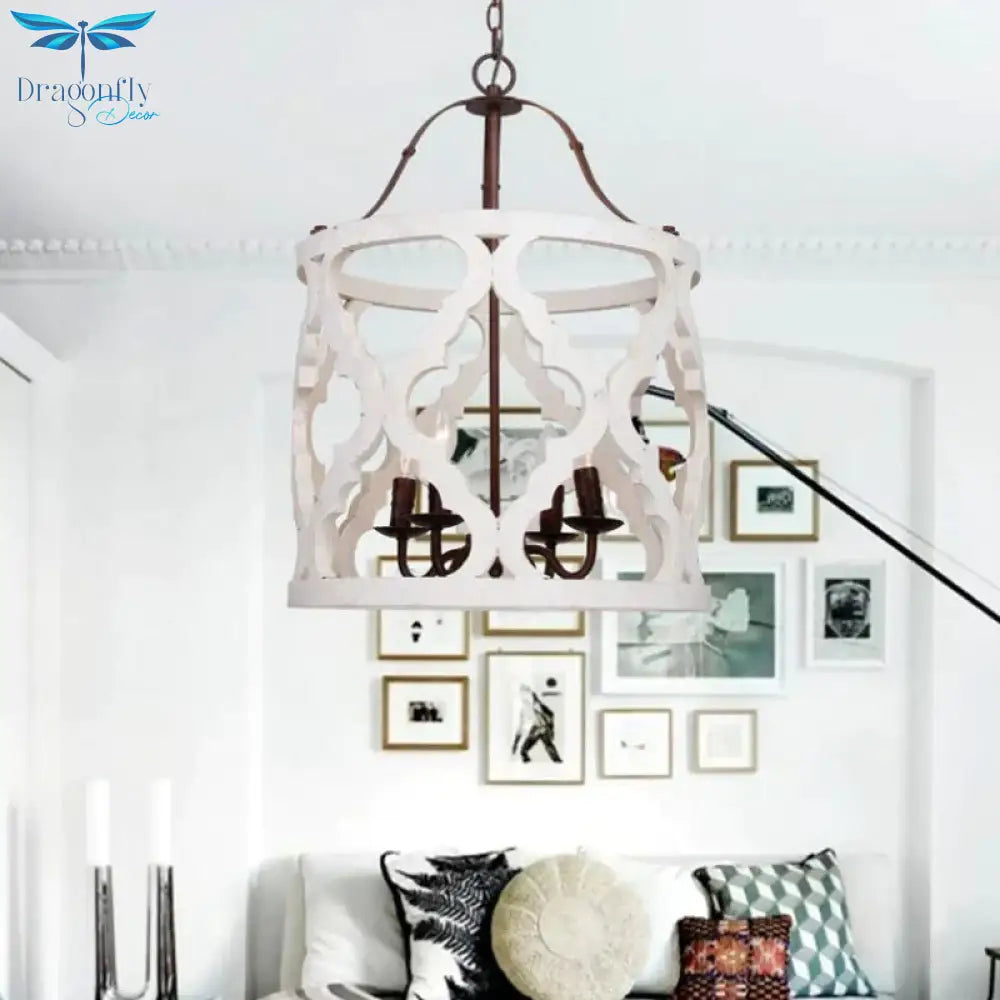 Cylinder Pendant Chandelier Traditional Wood 4 Bulbs White/Tan Hanging Ceiling Light With
