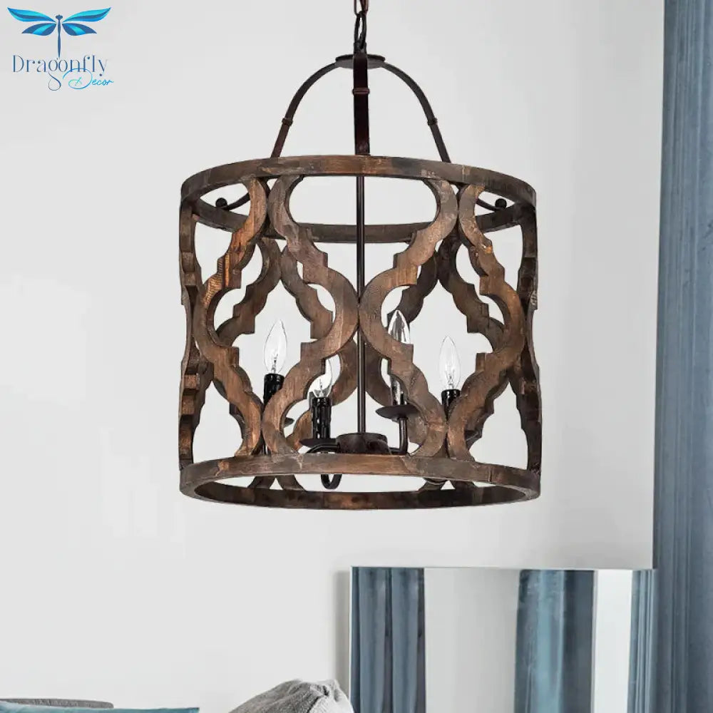Cylinder Pendant Chandelier Traditional Wood 4 Bulbs White/Tan Hanging Ceiling Light With