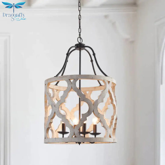 Cylinder Pendant Chandelier Traditional Wood 4 Bulbs White/Tan Hanging Ceiling Light With