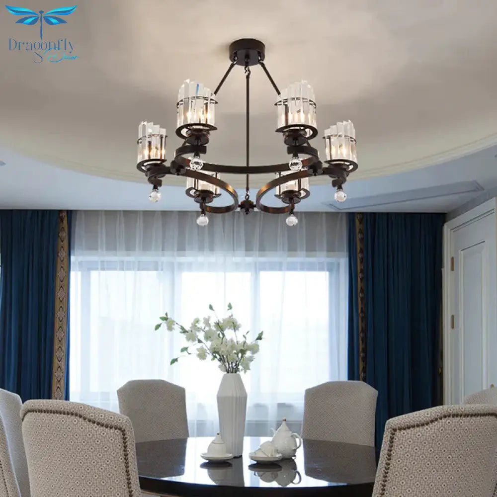 Cylinder Tri - Sided Crystal Rod Drop Lamp Contemporary 6 Heads Bedroom Chandelier Lighting Fixture