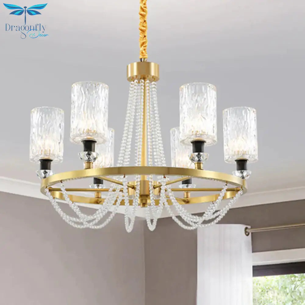 Cylinder Water Glass Pendant Light Simple Style 6 Heads Living Room Chandelier Lighting In Gold
